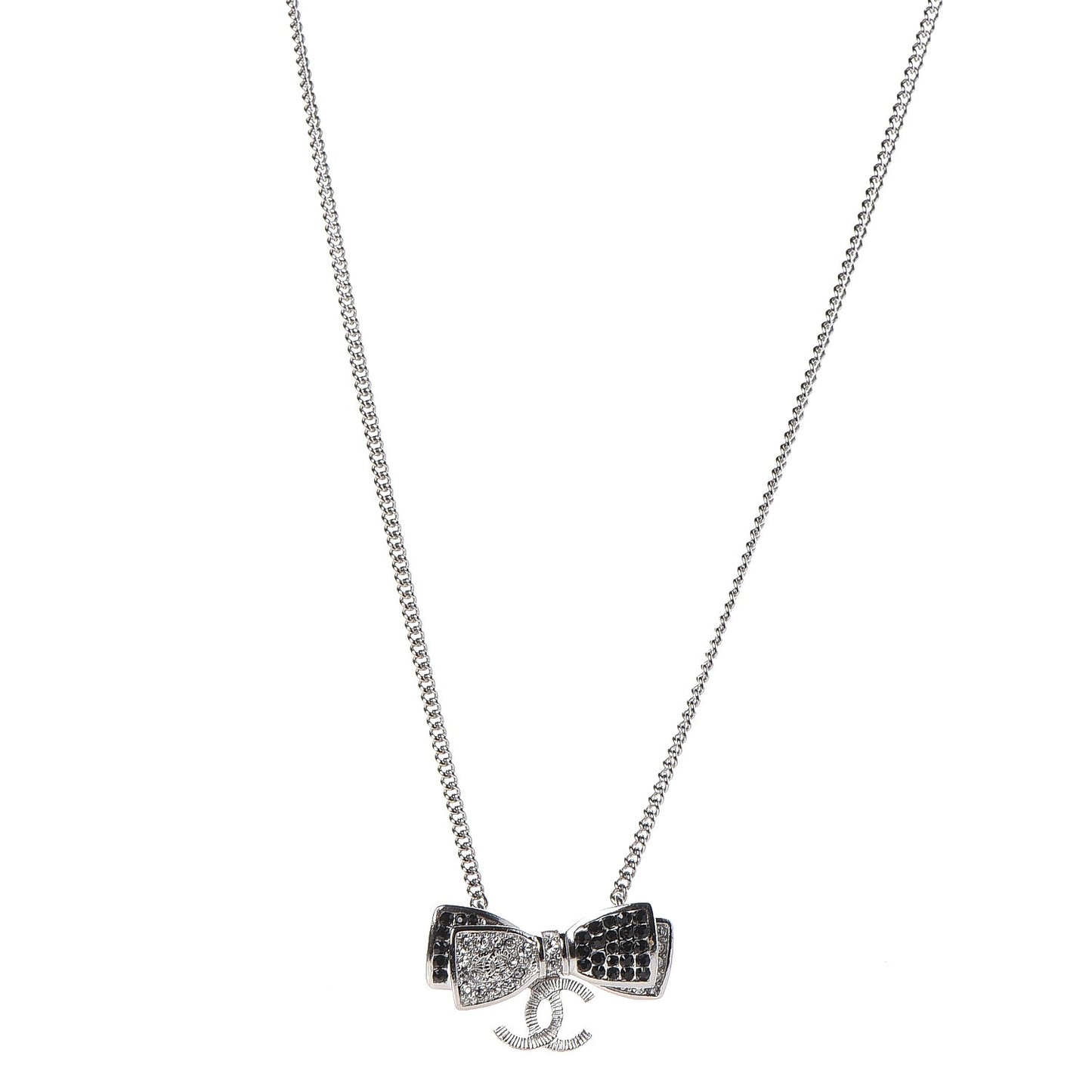 Crystal CC Bow Necklace Silver Black