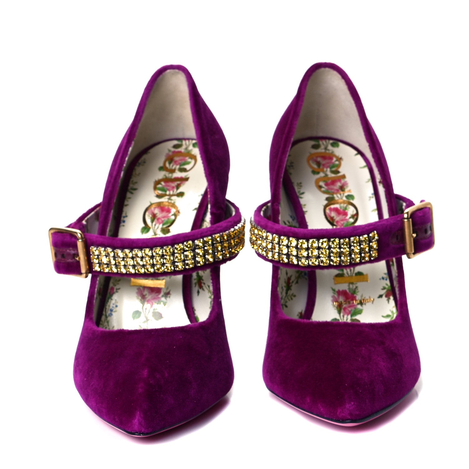 Gucci Velvet Crystal Embellished Sylvie High Heel Pumps 37.5 Fucsia Violet Cyclamen 3 of 10