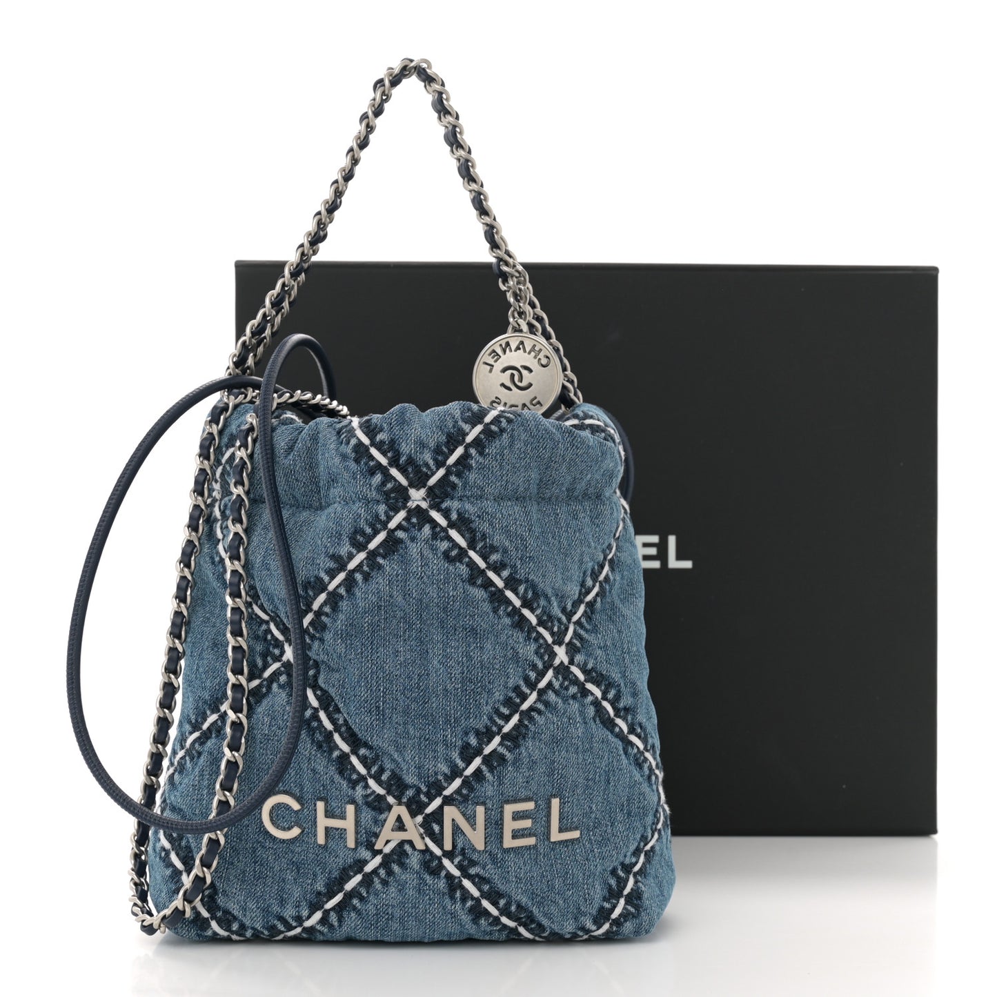 Denim Stitched Quilted Mini Chanel 22 Blue