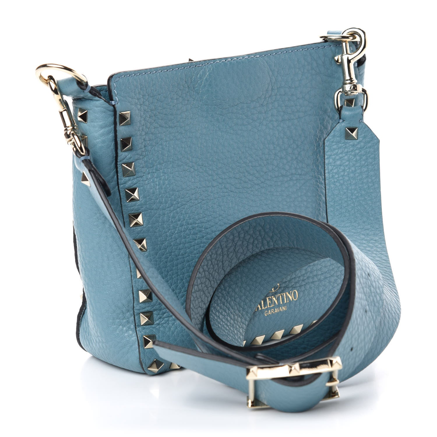 Valentino Garavani Pebbled Calfskin Mini Rockstud Flip-Lock Messenger Bag Atlantique 3 of 9