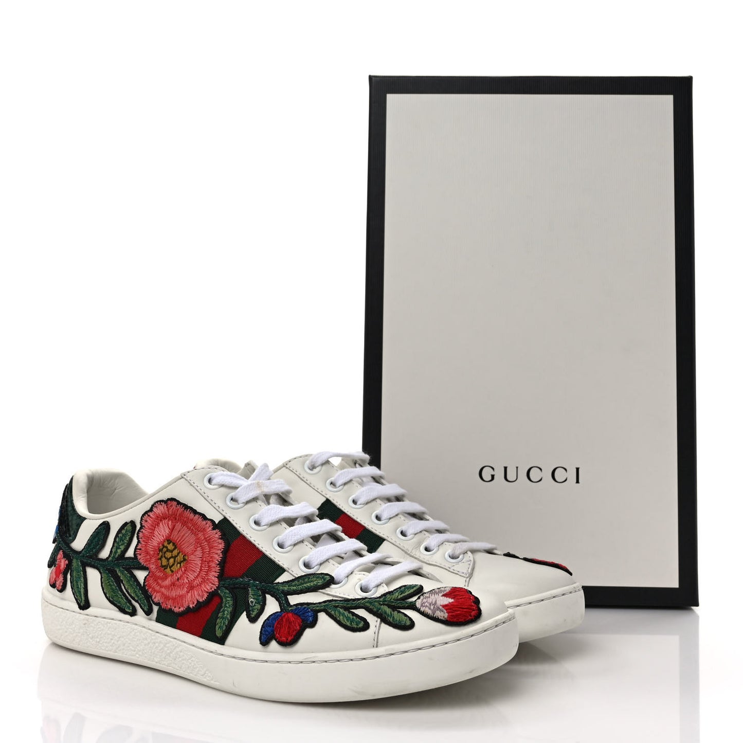 Calfskin Web Floral Embroidered Womens Ace Sneakers 35.5 White