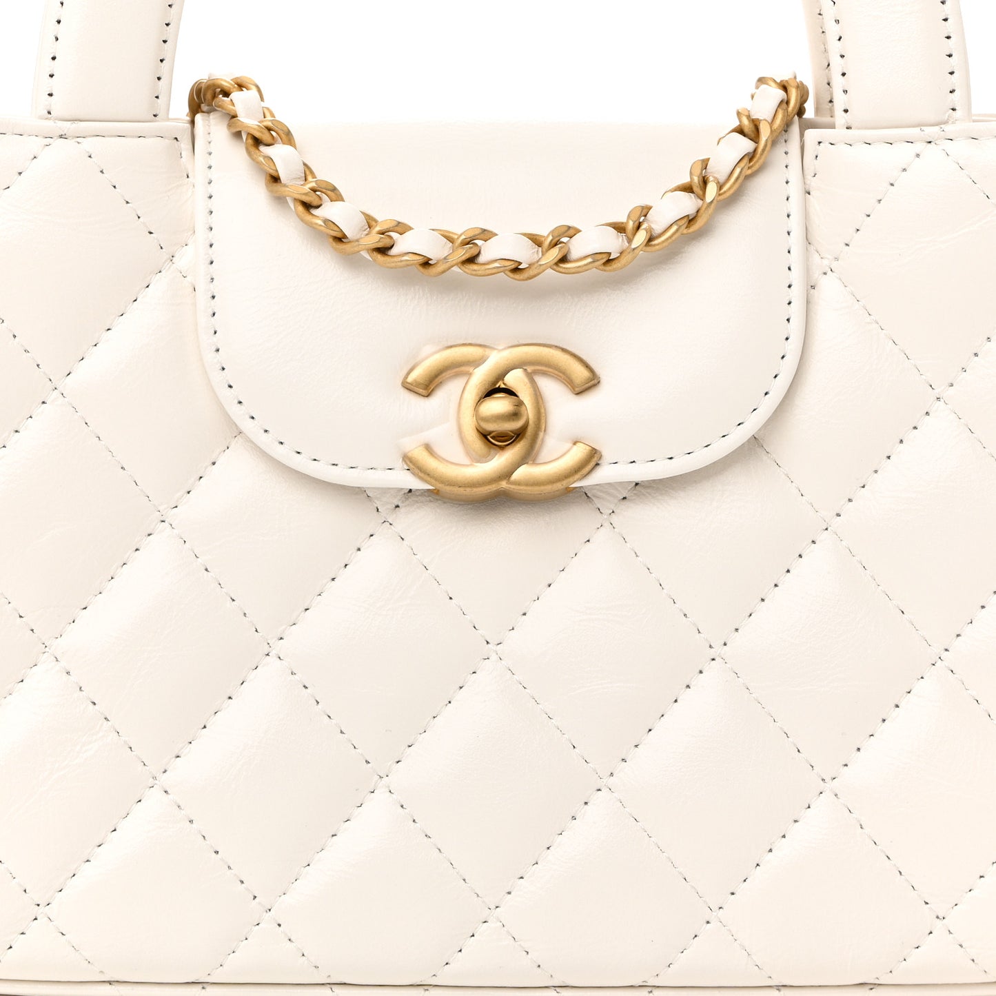Shiny Aged Calfskin Quilted Nano Kelly Shopper White