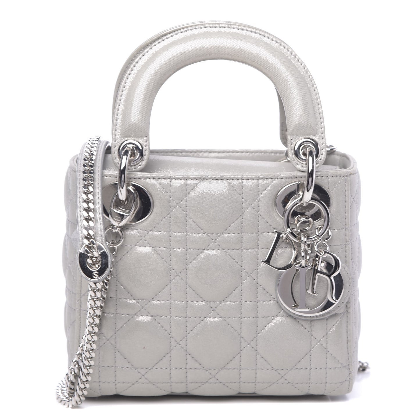 Metallic Lambskin Cannage Mini Lady Dior Silver