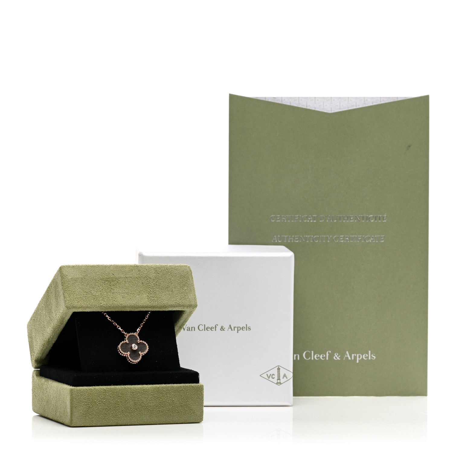 Van Cleef & Arpels 18K Rose Gold Diamond Silver Obsidian Vintage Alhambra Pendant Necklace 5 of 5