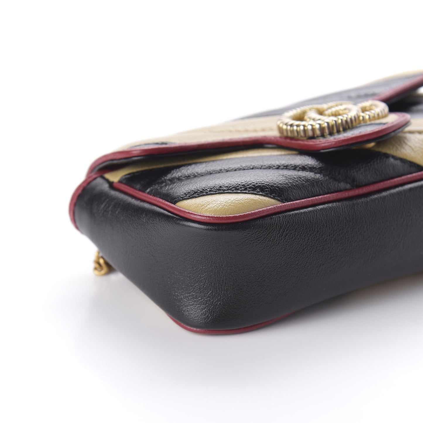 Vintage Effect Calfskin Matelasse Diagonal Striped Super Mini Torchon GG Marmont Shoulder Bag Black Beige