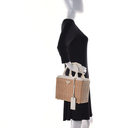Prada Canvas Wicker Shoulder Bag White Tan 4 of 16
