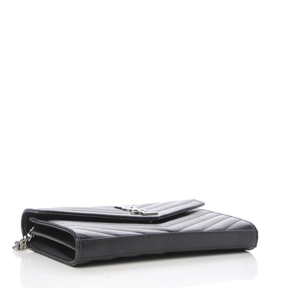 Saint Laurent Grain De Poudre Matelasse Chevron Monogram Chain Wallet Black 4 of 7