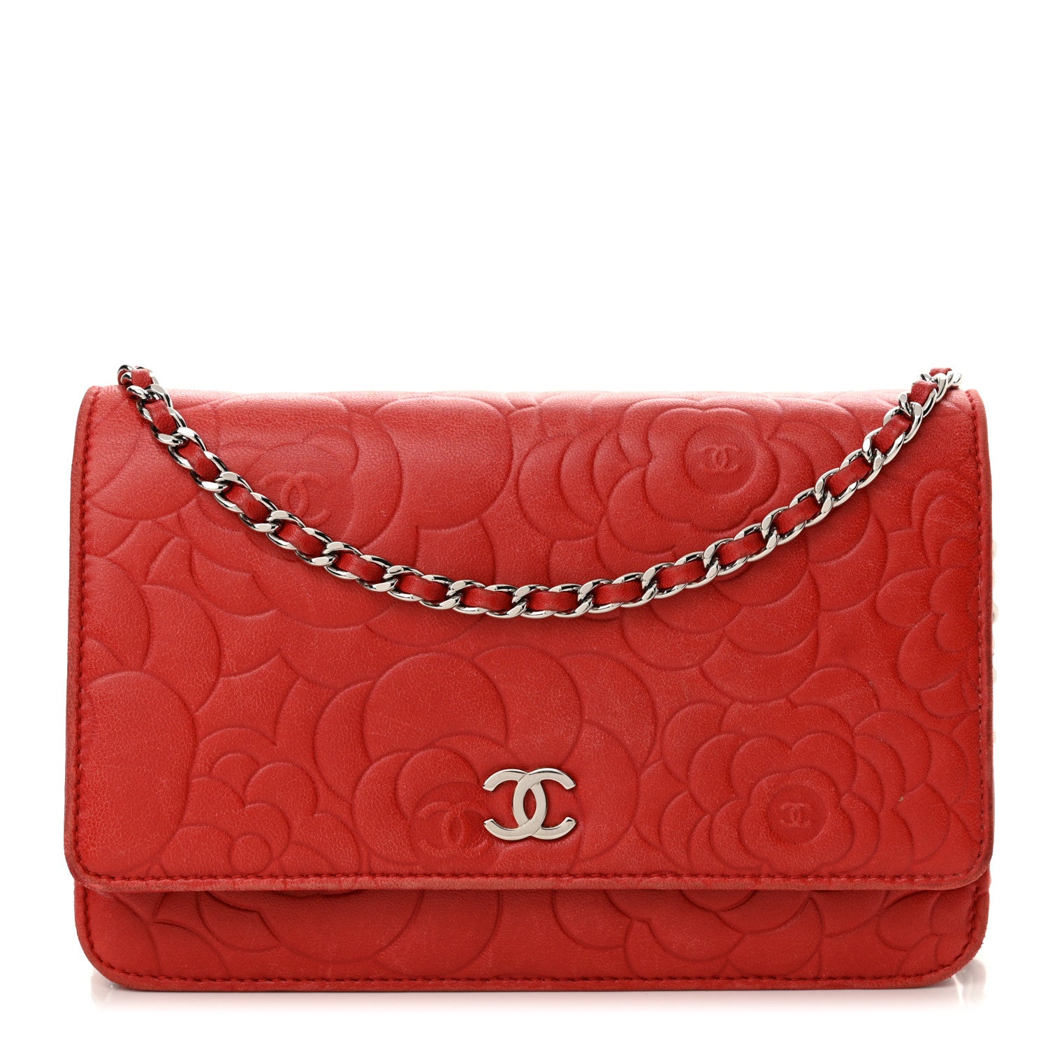 Chanel Lambskin Camellia Embossed Wallet on Chain WOC Red 1 of 20