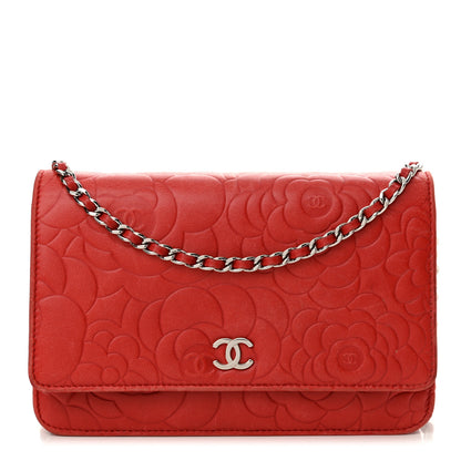 Chanel Lambskin Camellia Embossed Wallet on Chain WOC Red 1 of 20