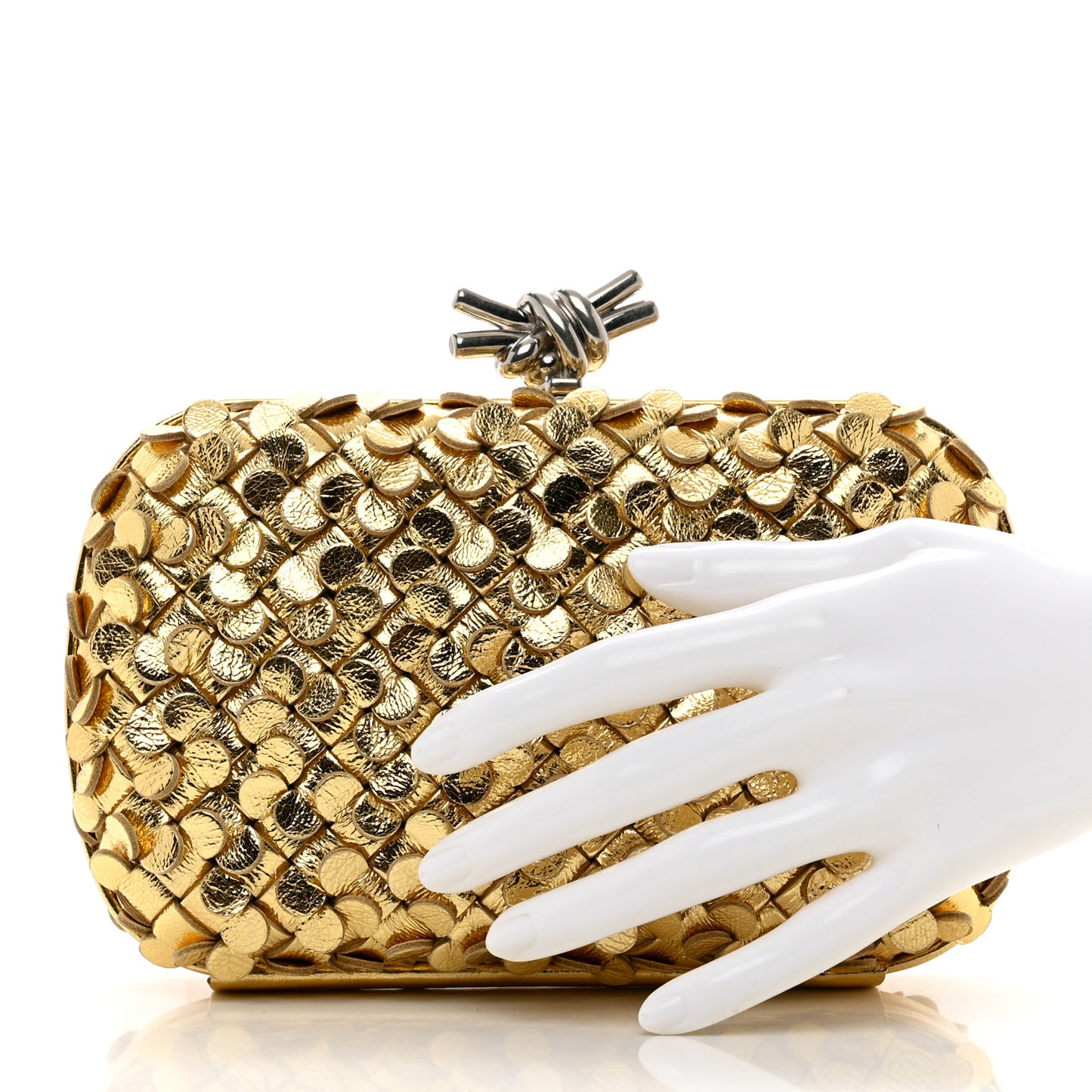 Metallic Lambskin Intrecciato Minaudiere Knot Clutch Gold