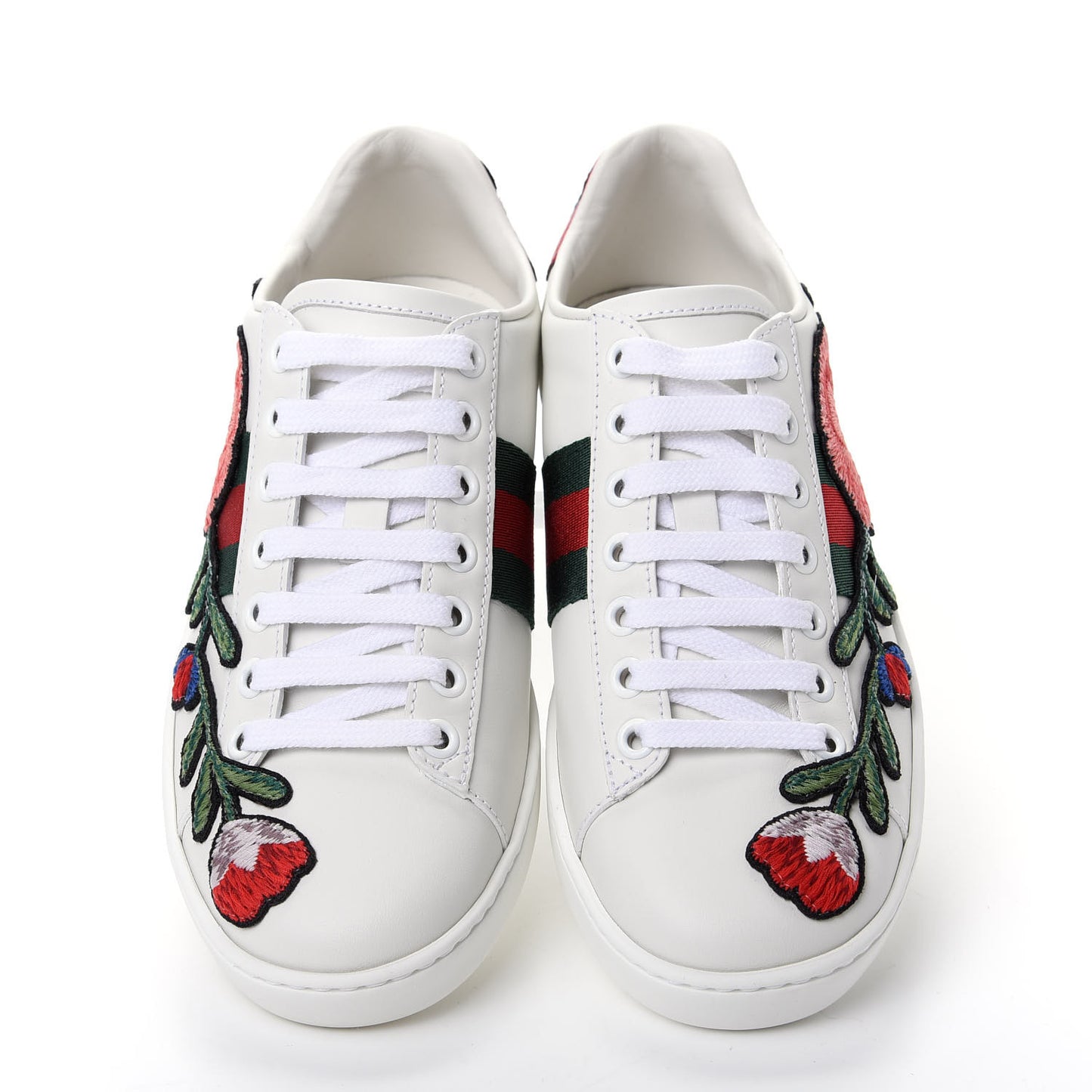 Calfskin Web Floral Embroidered Womens Ace Sneakers 35 White