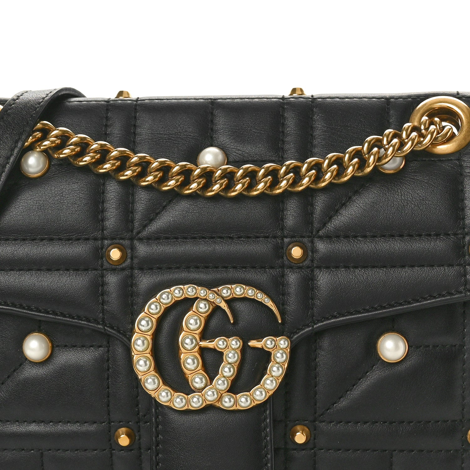 Gucci Calfskin Matelasse Studded Small Pearly GG Marmont Shoulder Bag Black 8 of 10