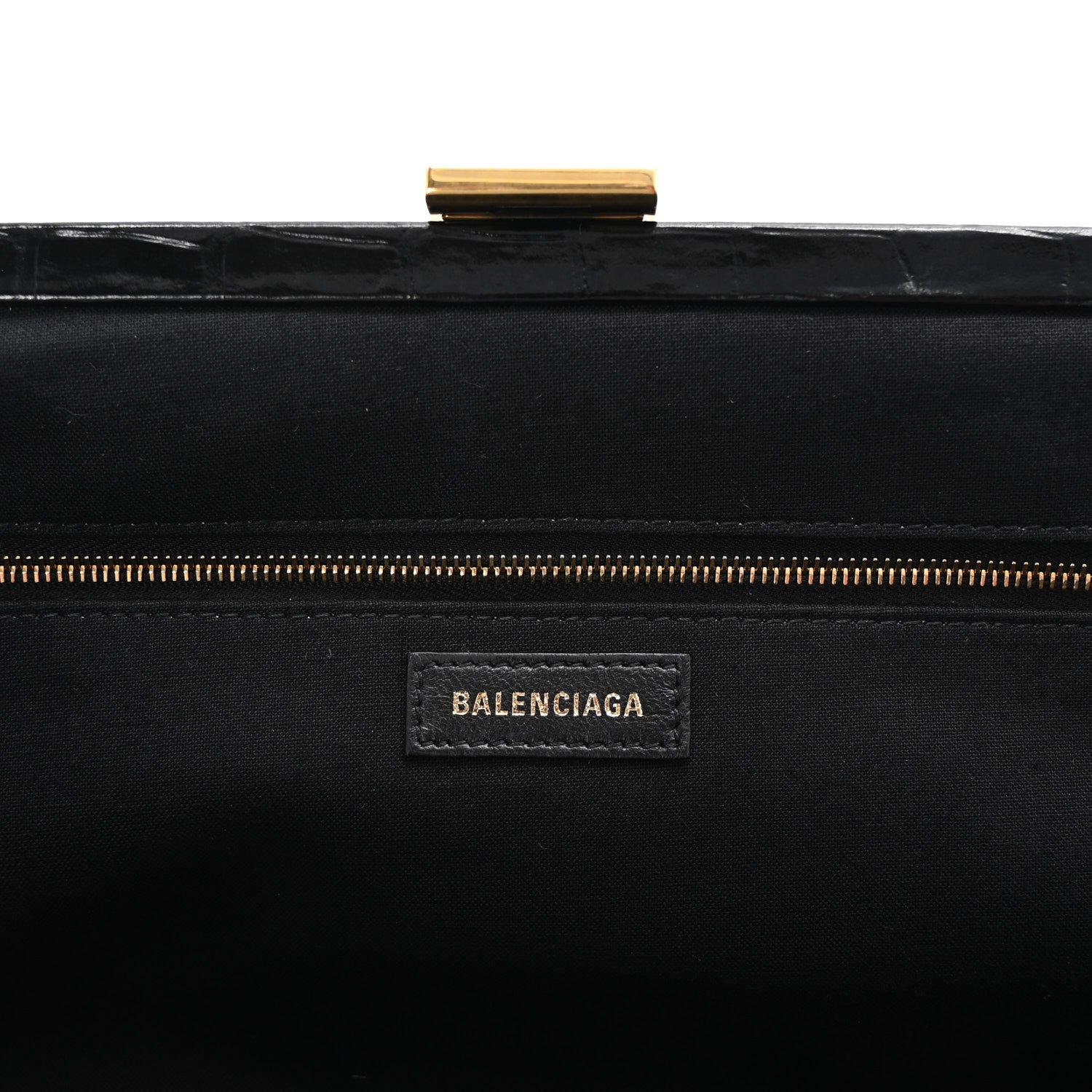 Balenciaga Shiny Supple Calfskin Logo Crocodile Embossed XL Cloud Clutch Black White 6 of 10