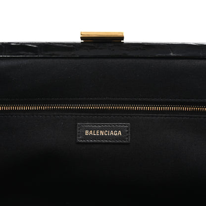Balenciaga Shiny Supple Calfskin Logo Crocodile Embossed XL Cloud Clutch Black White 6 of 10