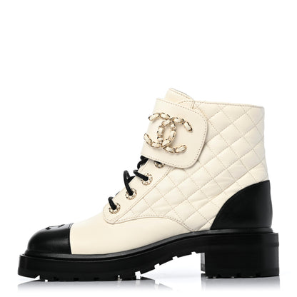 Chanel Shiny Goatskin Calfskin Quilted Lace Up Combat Boots 39 White Black 1 of 9