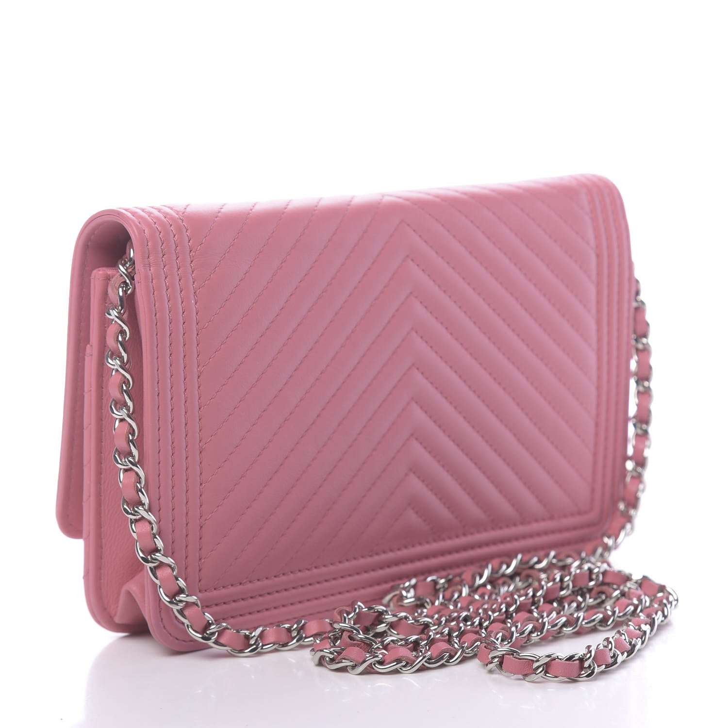 Chanel Calfskin Chevron Quilted Boy Wallet On Chain WOC Pink 3 of 11