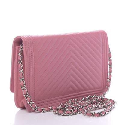 Chanel Calfskin Chevron Quilted Boy Wallet On Chain WOC Pink 3 of 11