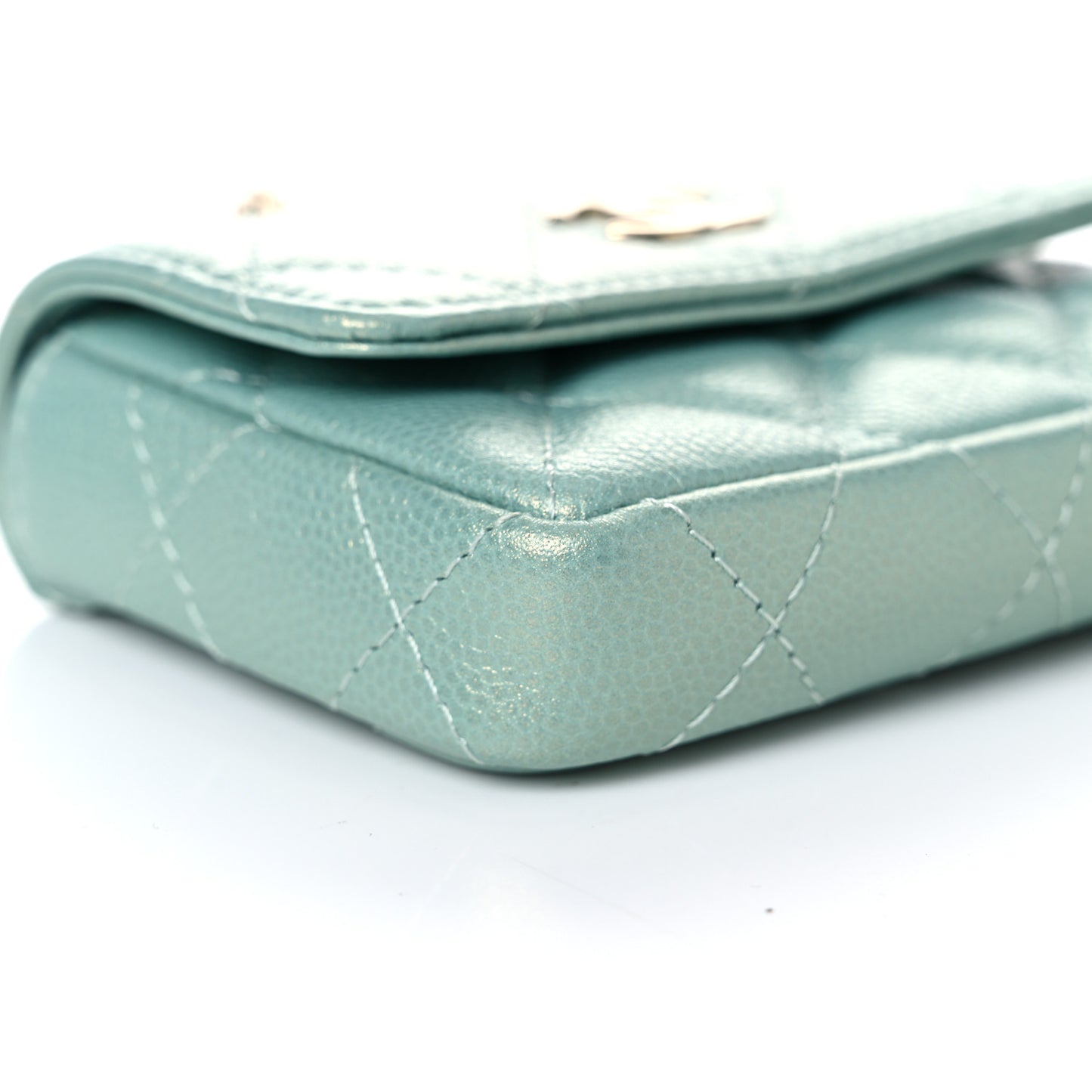 Iridescent Caviar Quilted Pearl On Top Coin Purse With Chain Light Green