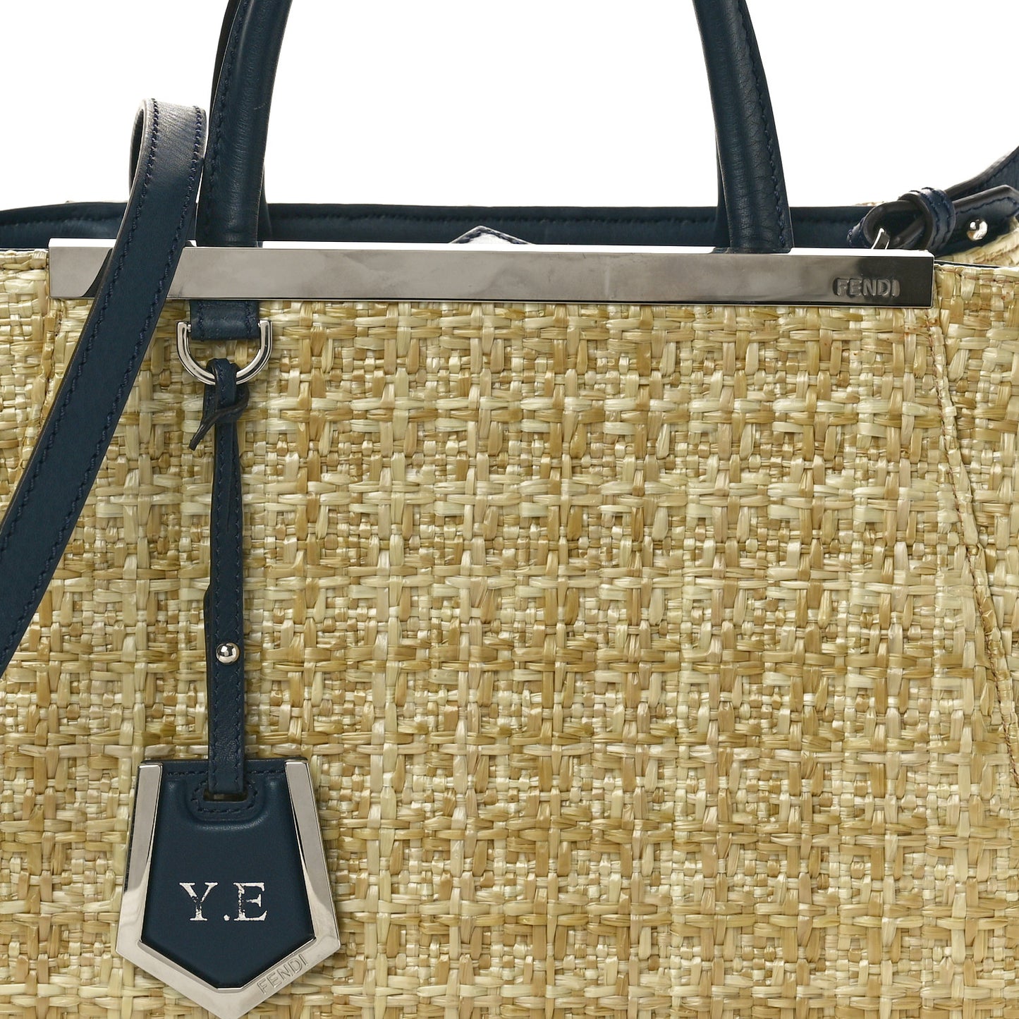 Woven Raffia Vitello Petite 2Jours Tote Natural Navy
