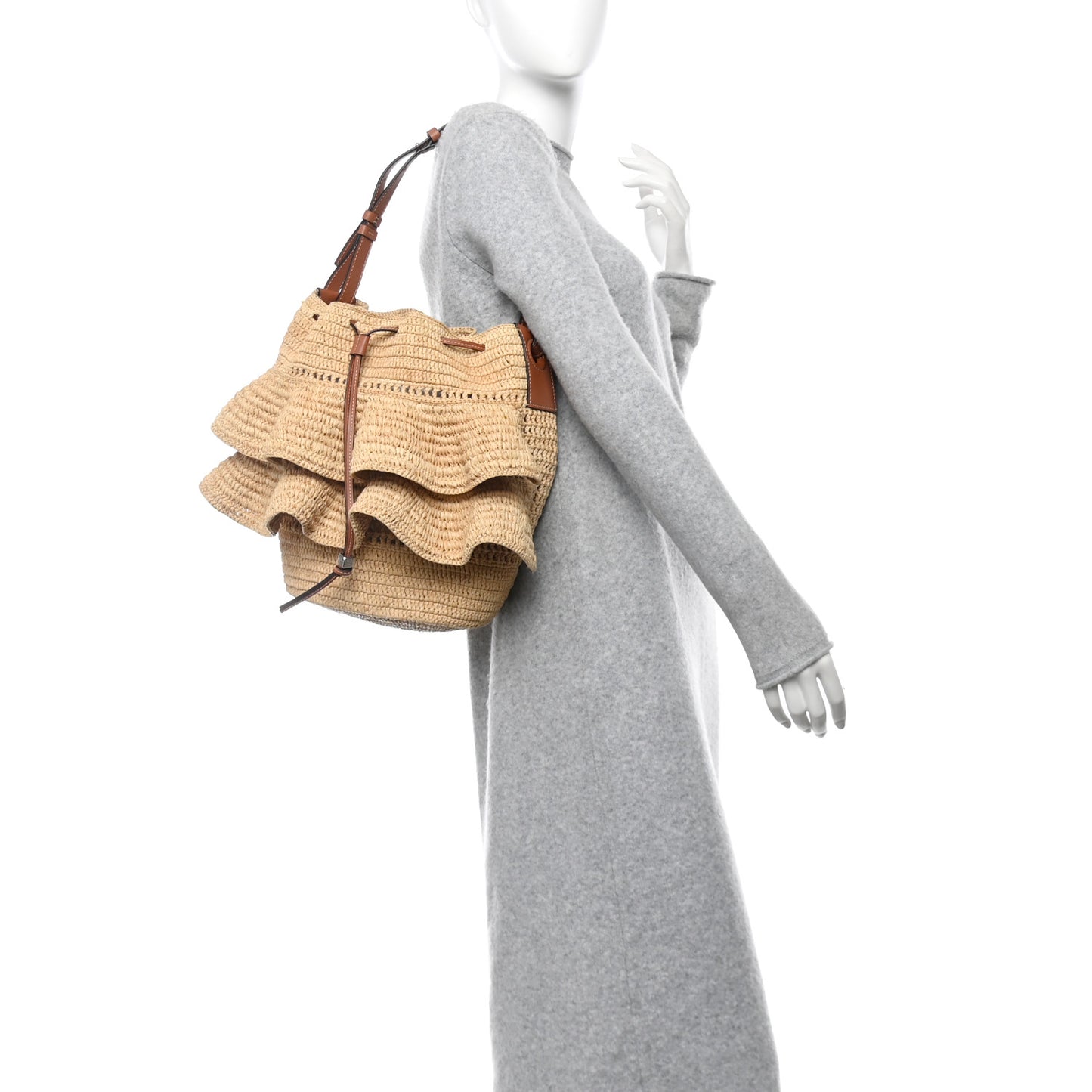 Raffia Calfskin Balloon Ruffles Bucket Bag Natural Tan