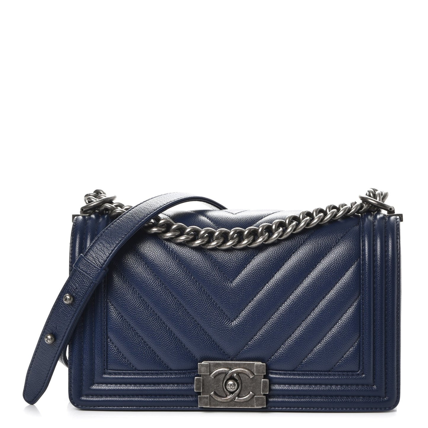 Caviar Chevron Quilted Medium Boy Flap Navy