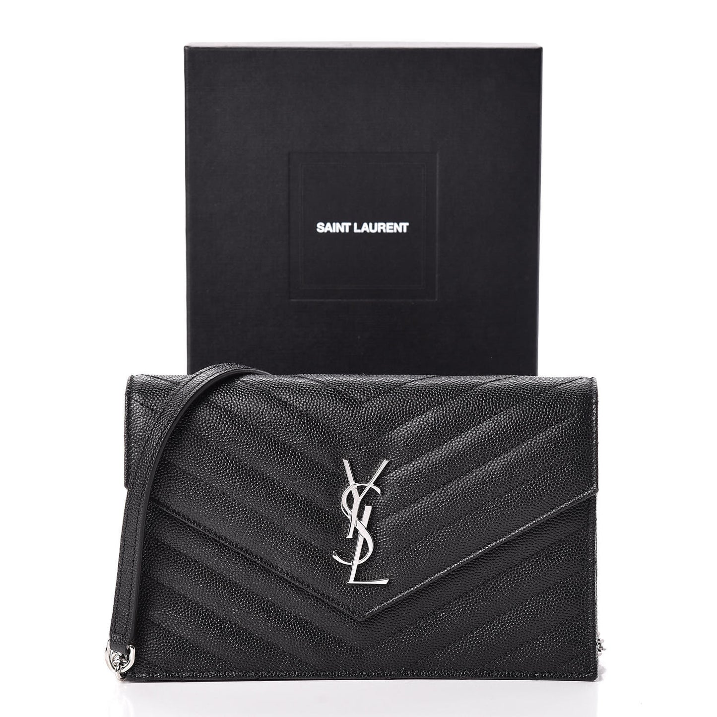 Grain De Poudre Matelasse Chevron Monogram Envelope Chain Wallet Black