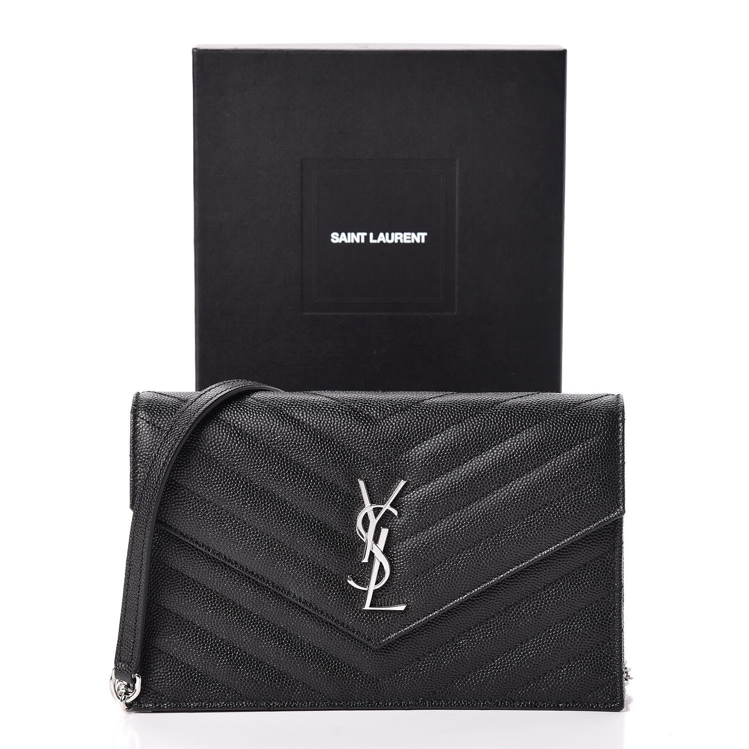 Saint Laurent Grain De Poudre Matelasse Chevron Monogram Envelope Chain Wallet Black 11 of 11