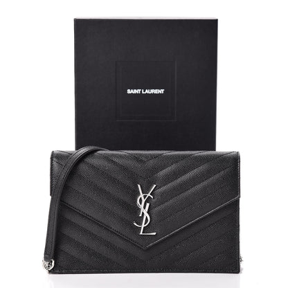 Saint Laurent Grain De Poudre Matelasse Chevron Monogram Envelope Chain Wallet Black 11 of 11