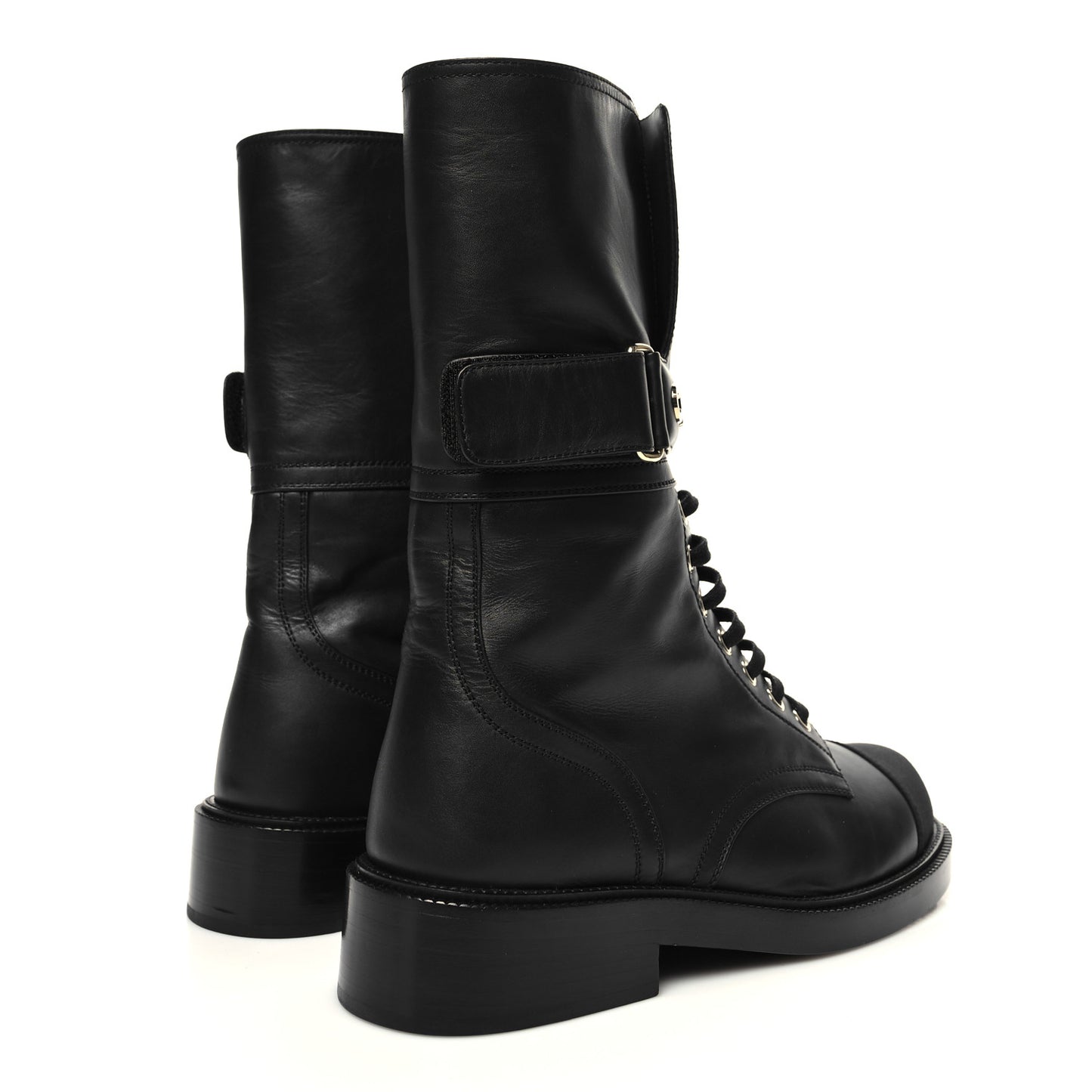 Shiny Calfskin Lace Up Combat Boots 37.5 Black