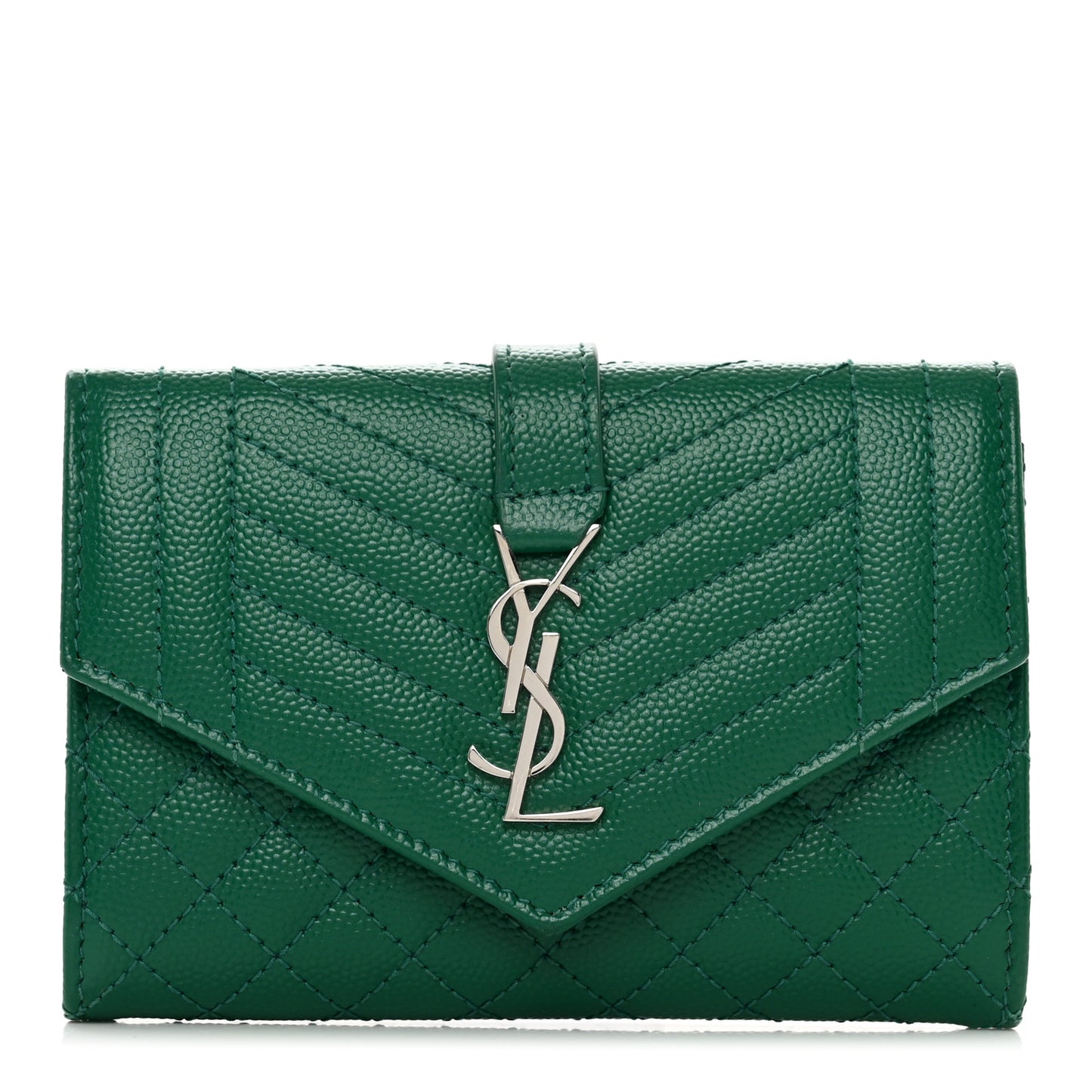 Grain De Poudre Textured Mixed Matelasse Triquilt Small Monogram Envelope Wallet Green