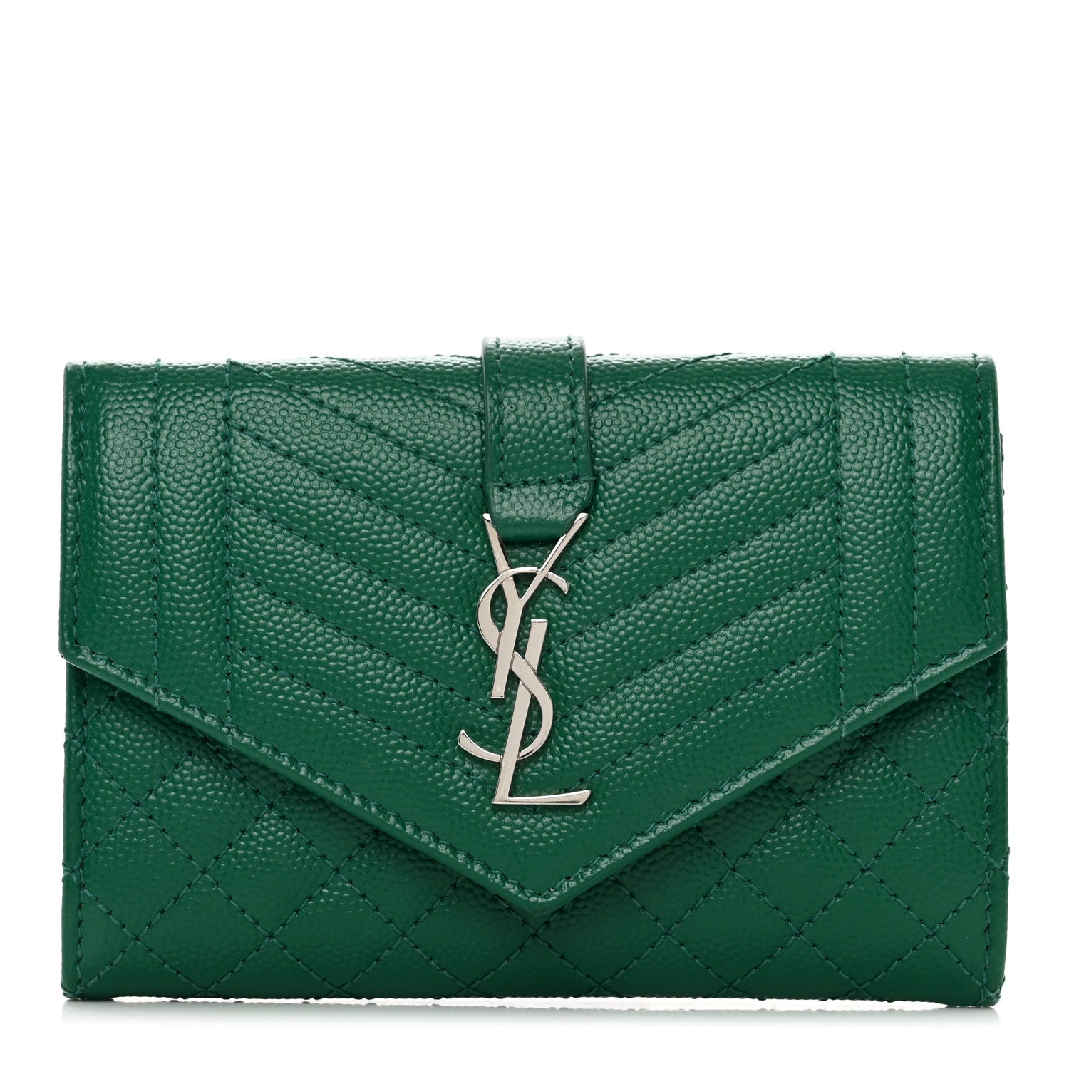 Saint Laurent Grain De Poudre Textured Mixed Matelasse Triquilt Small Monogram Envelope Wallet Green 1 of 7