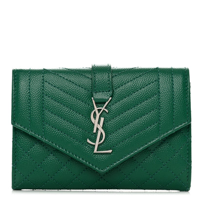 Saint Laurent Grain De Poudre Textured Mixed Matelasse Triquilt Small Monogram Envelope Wallet Green 1 of 7