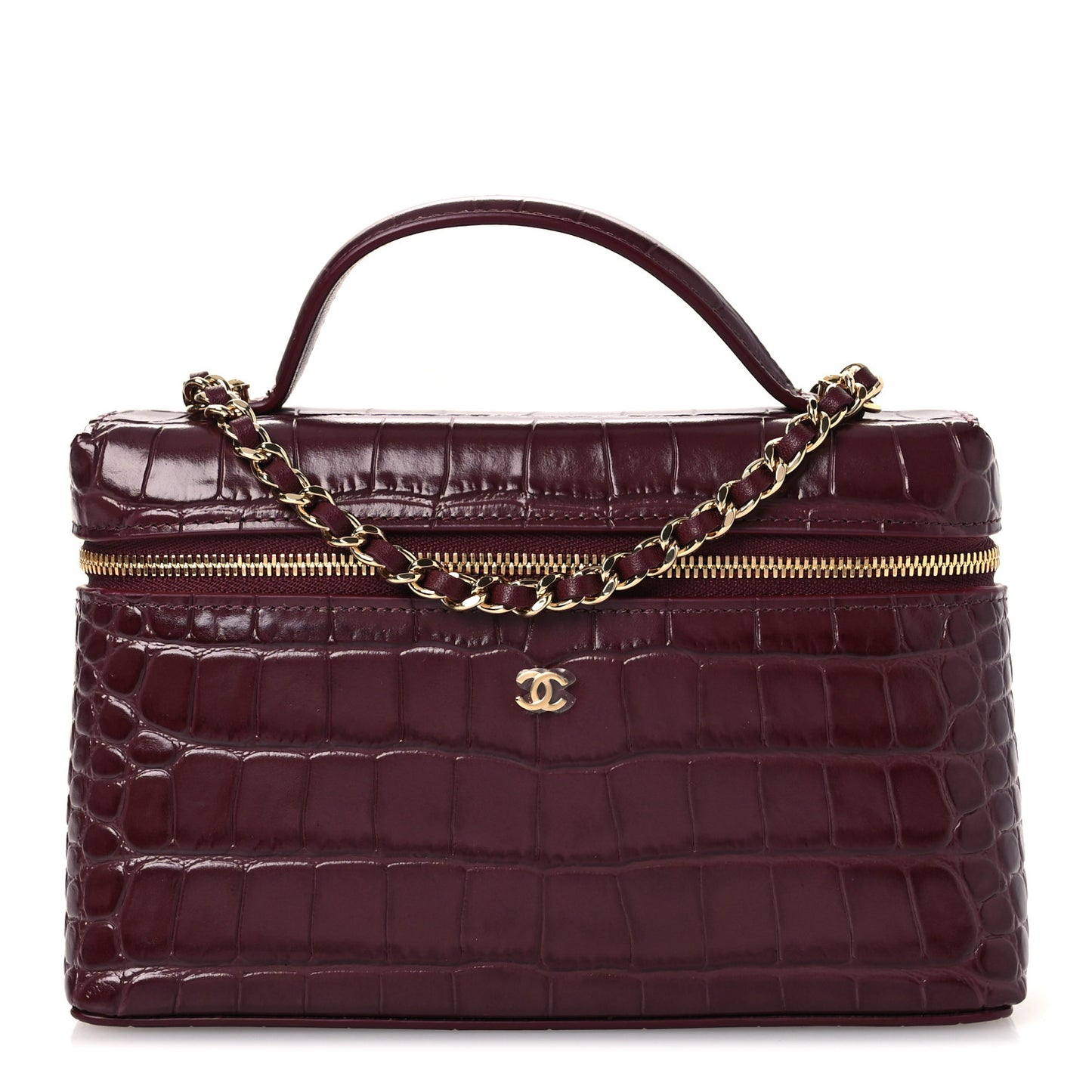 Calfskin Crocodile Embossed Top Handle Vanity Case With Chain  Burgundy
