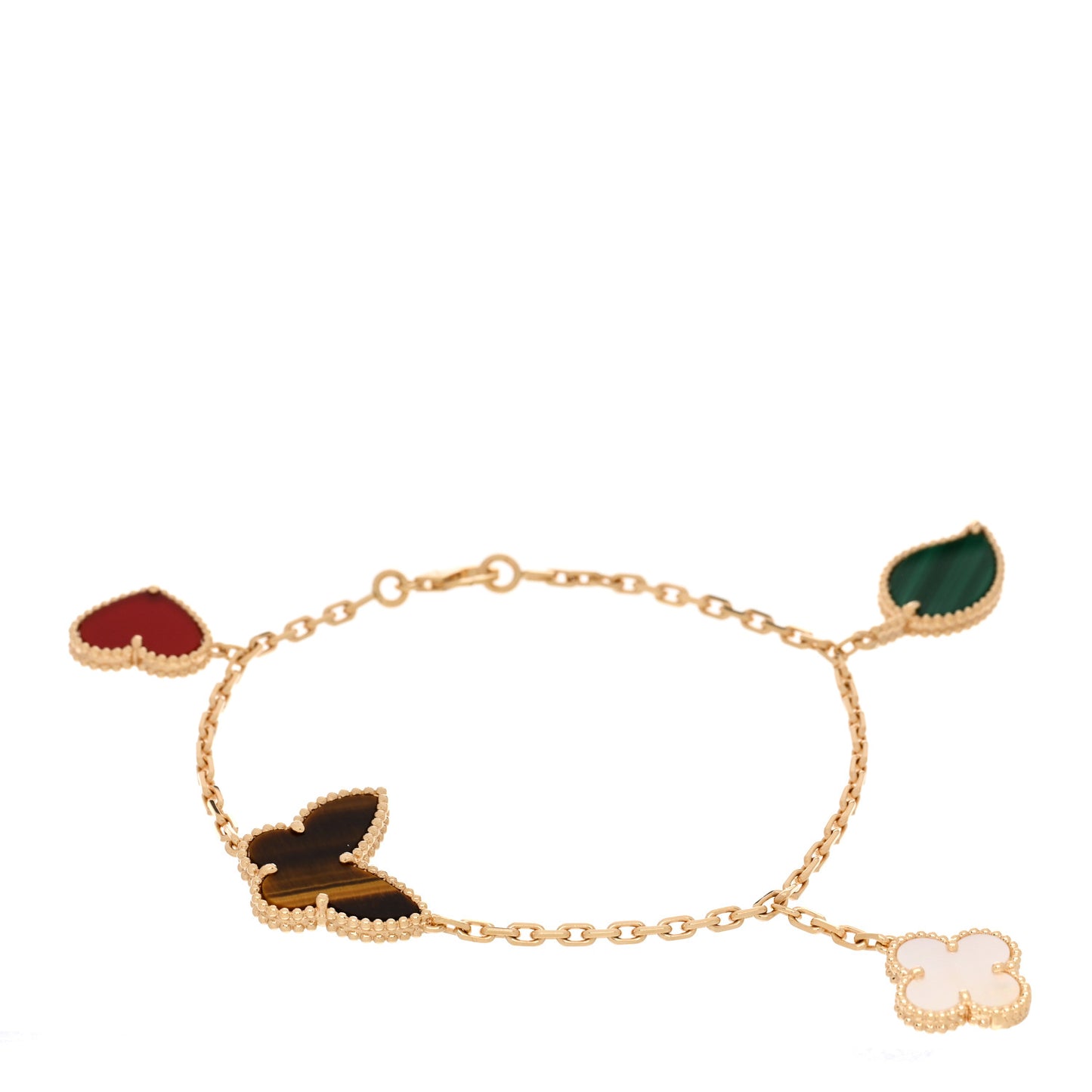 18K Yellow Gold Mother of Pearl Malachite Carnelian Tiger Eye 4 Motifs Lucky Alhambra Bracelet