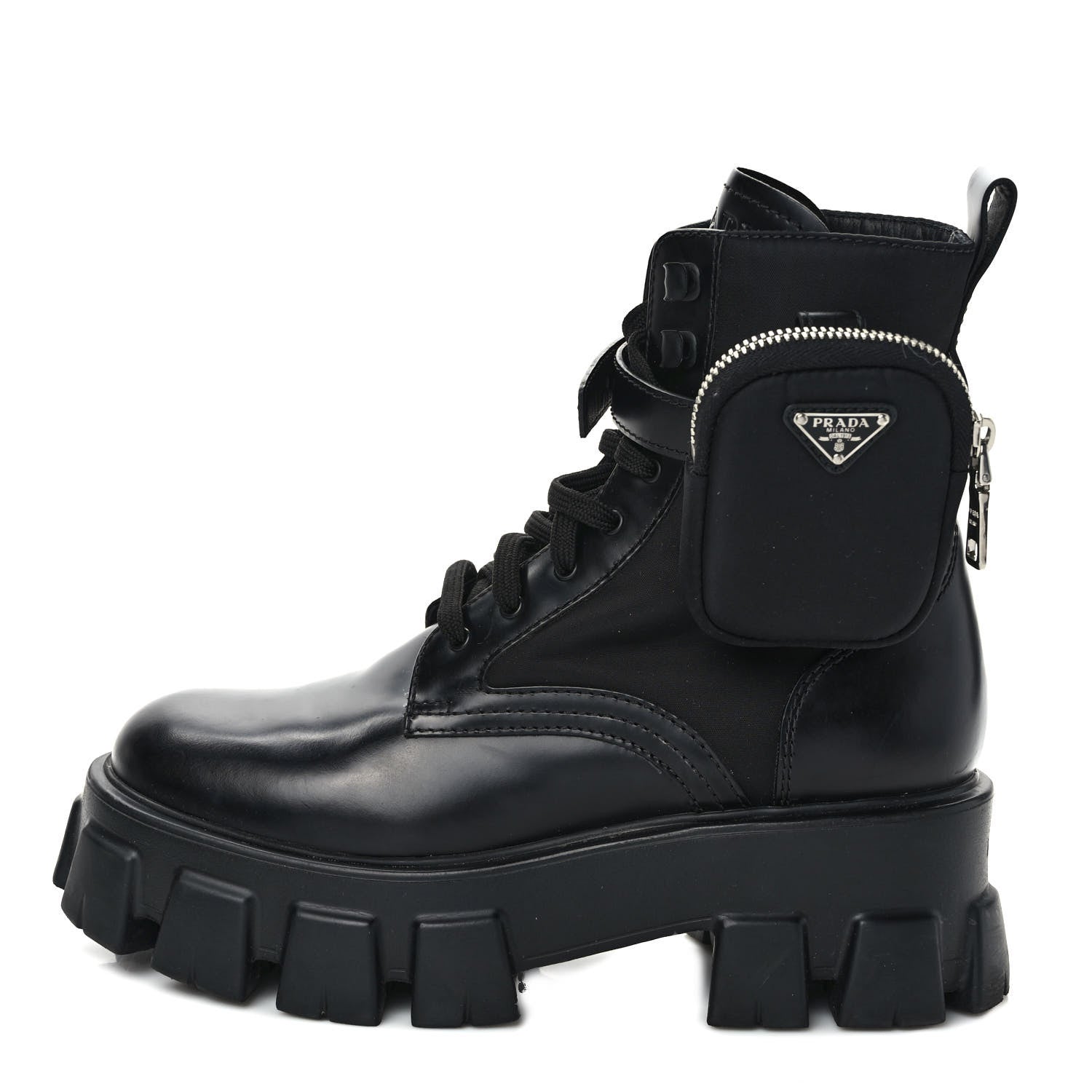 Prada Spazzolato Rois Nylon Metal Triangle Logo Monolith Pouch Pocket 55mm Boots 39 Black 1 of 8