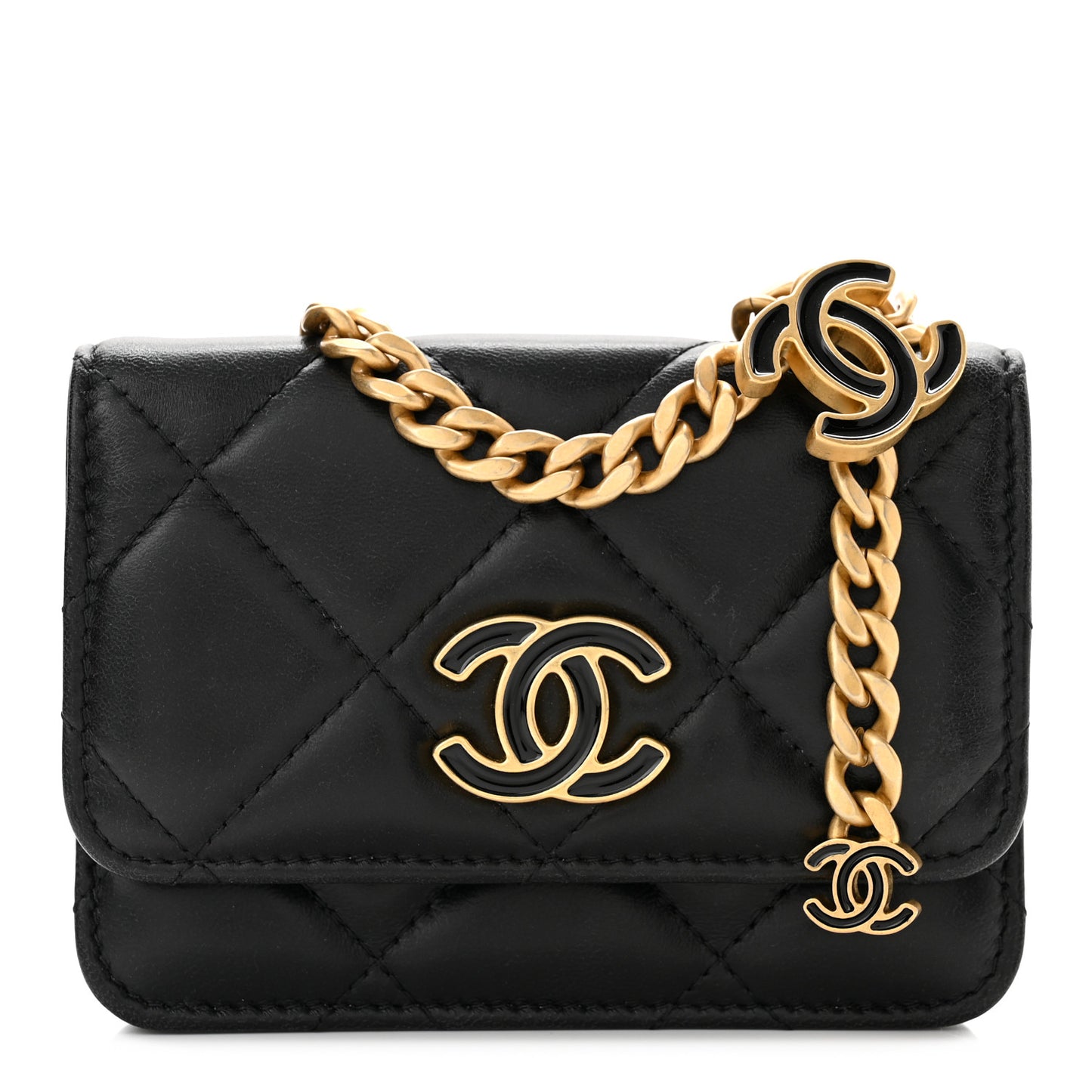 Lambskin Enamel Quilted Pending CC Flap Belt Bag Black