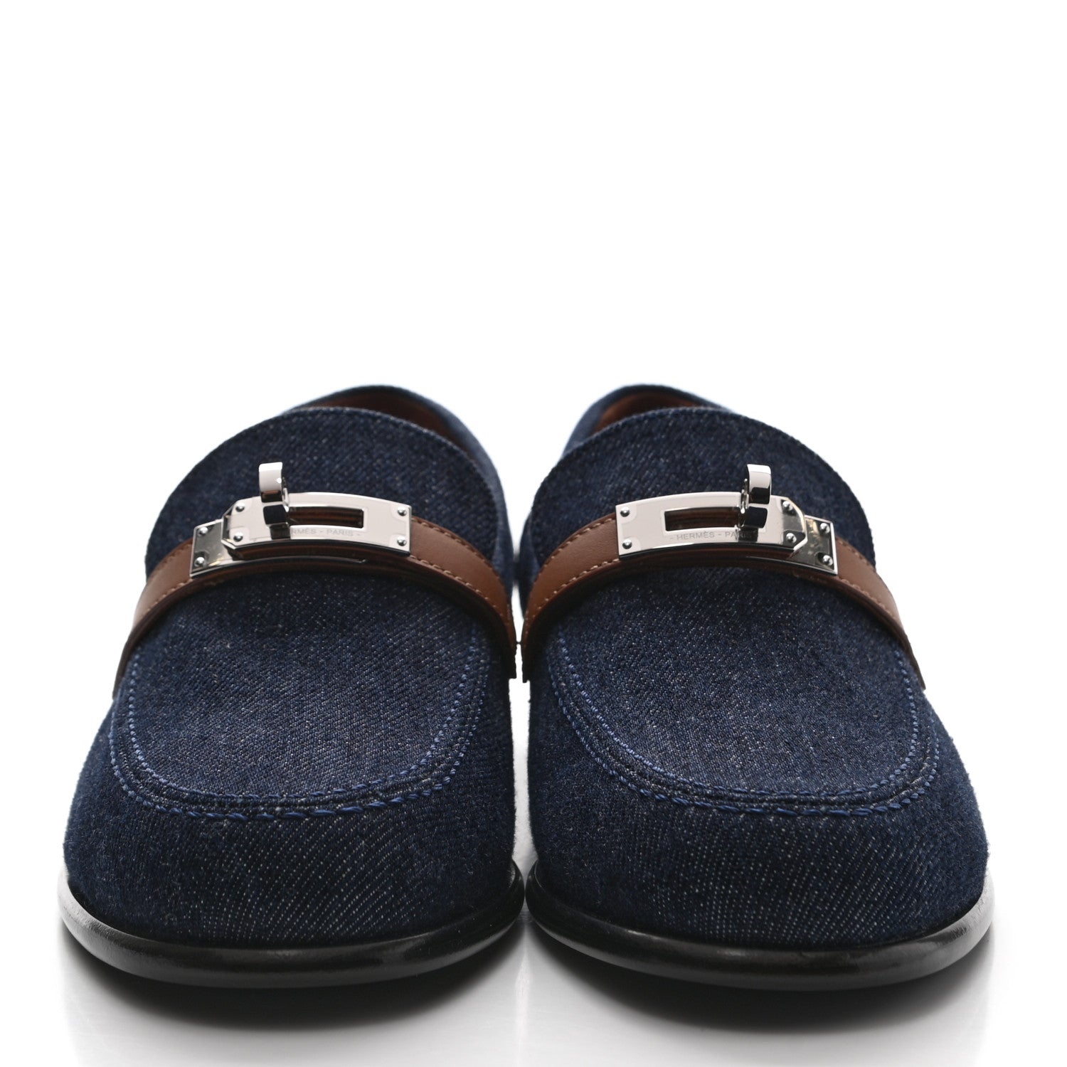 Hermes Denim Canvas Calfskin Womens Destin Loafer 36 Bleu Brut Gold 2 of 9