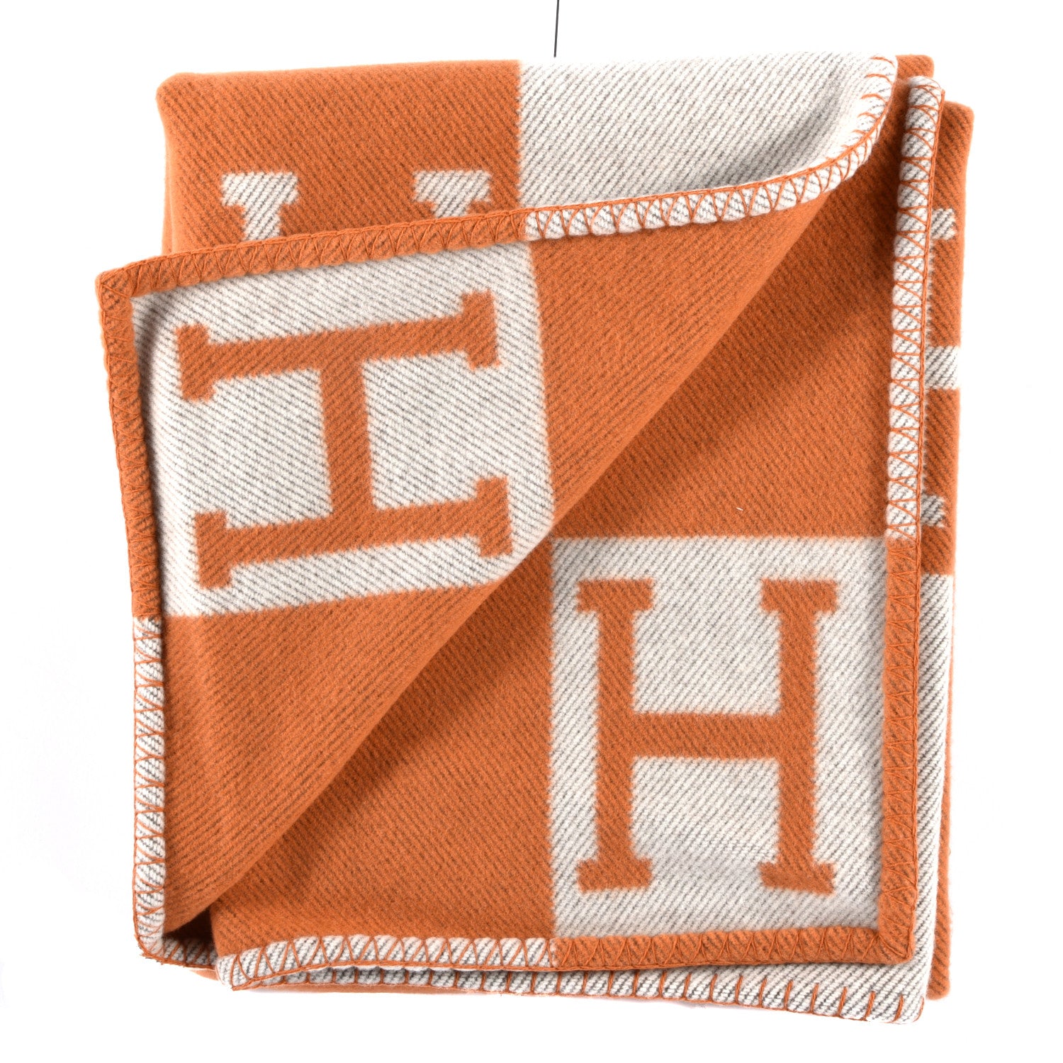 Hermes Wool Cashmere Signature Classic Avalon Blanket Ecru Potiron 2 of 3