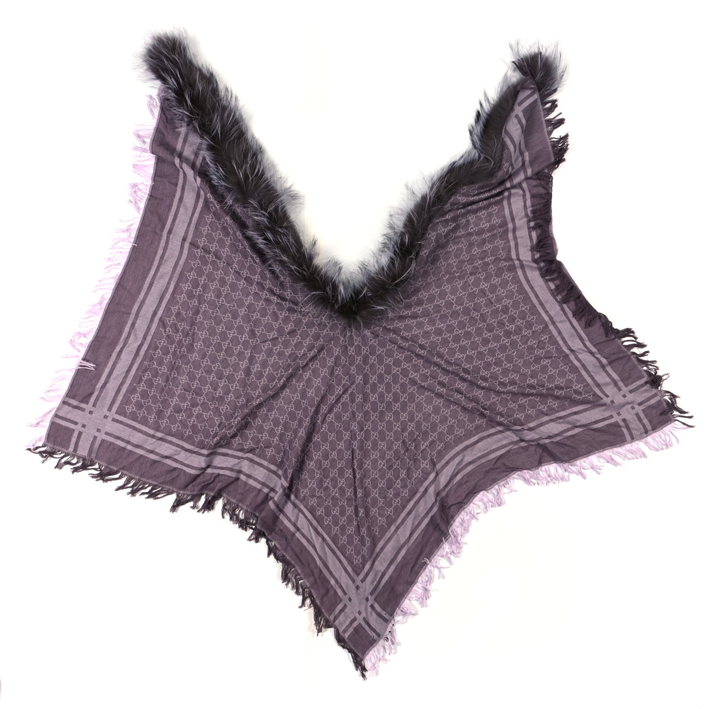 Wool Silk Fox Fur Monogram Shawl Scarf Violet Purple