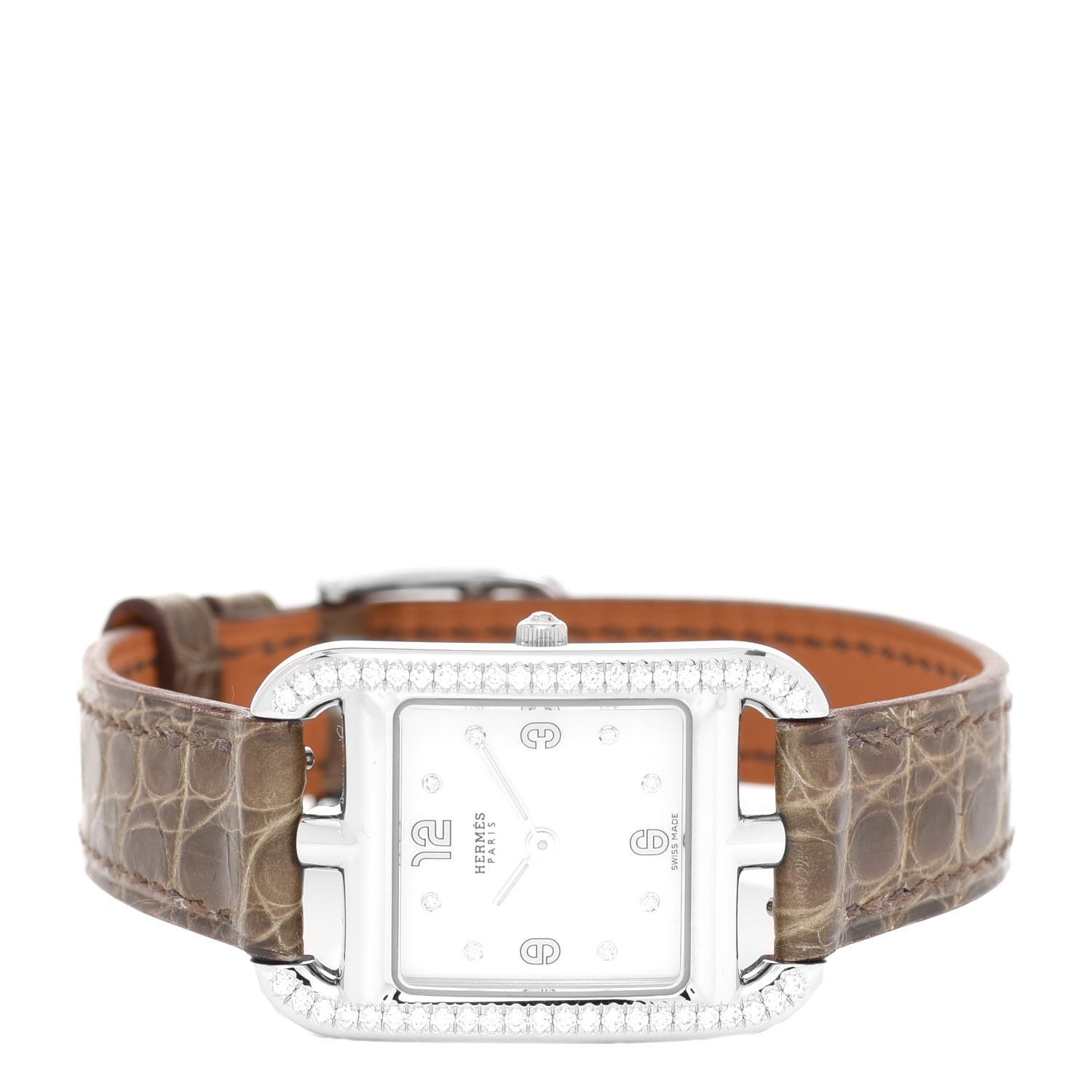 Hermes Stainless Steel Alligator Diamond Bezel Mother of Pearl 23mm Cape Cod Quartz Watch Gris Elephant 2 of 5