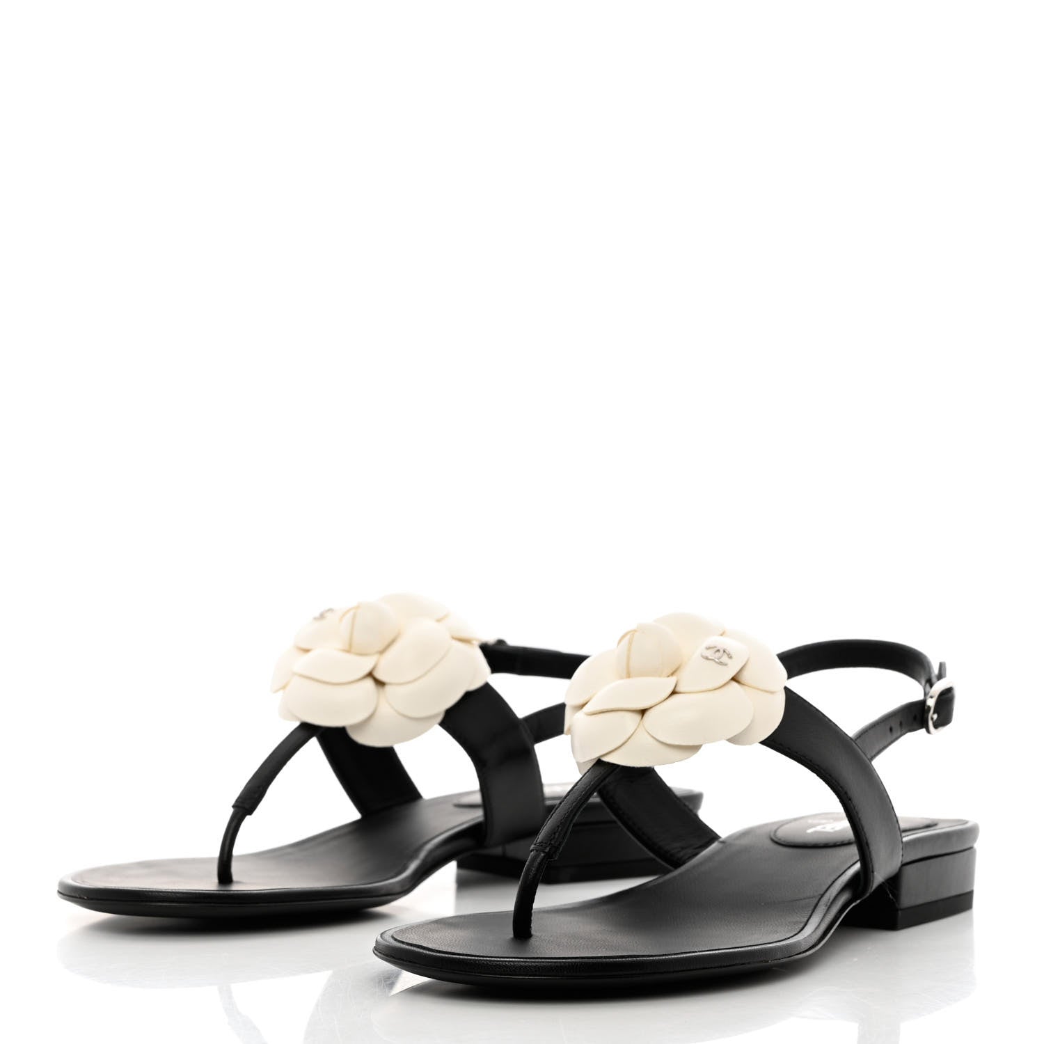 Chanel Lambskin Camellia Thong Sandals 36.5 Black White 3 of 9