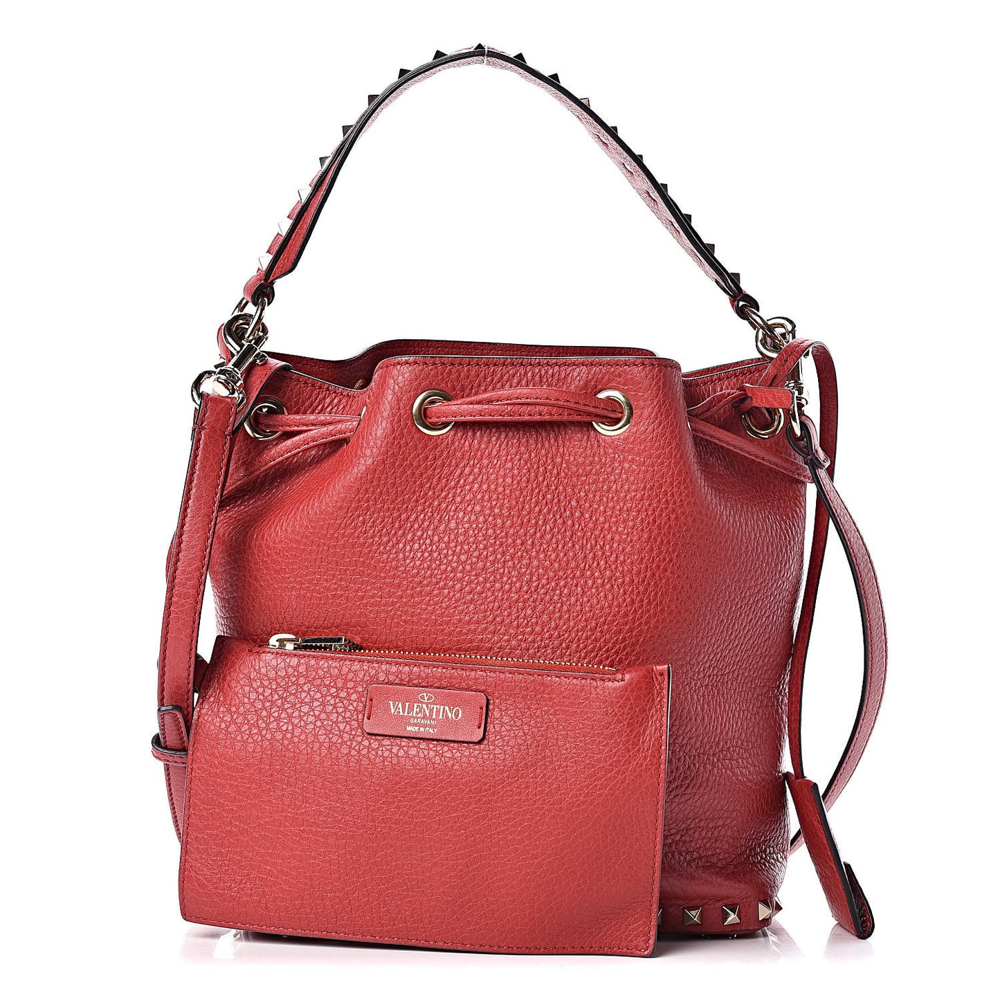 Pebbled Calfskin Small Rockstud Bucket Bag Red
