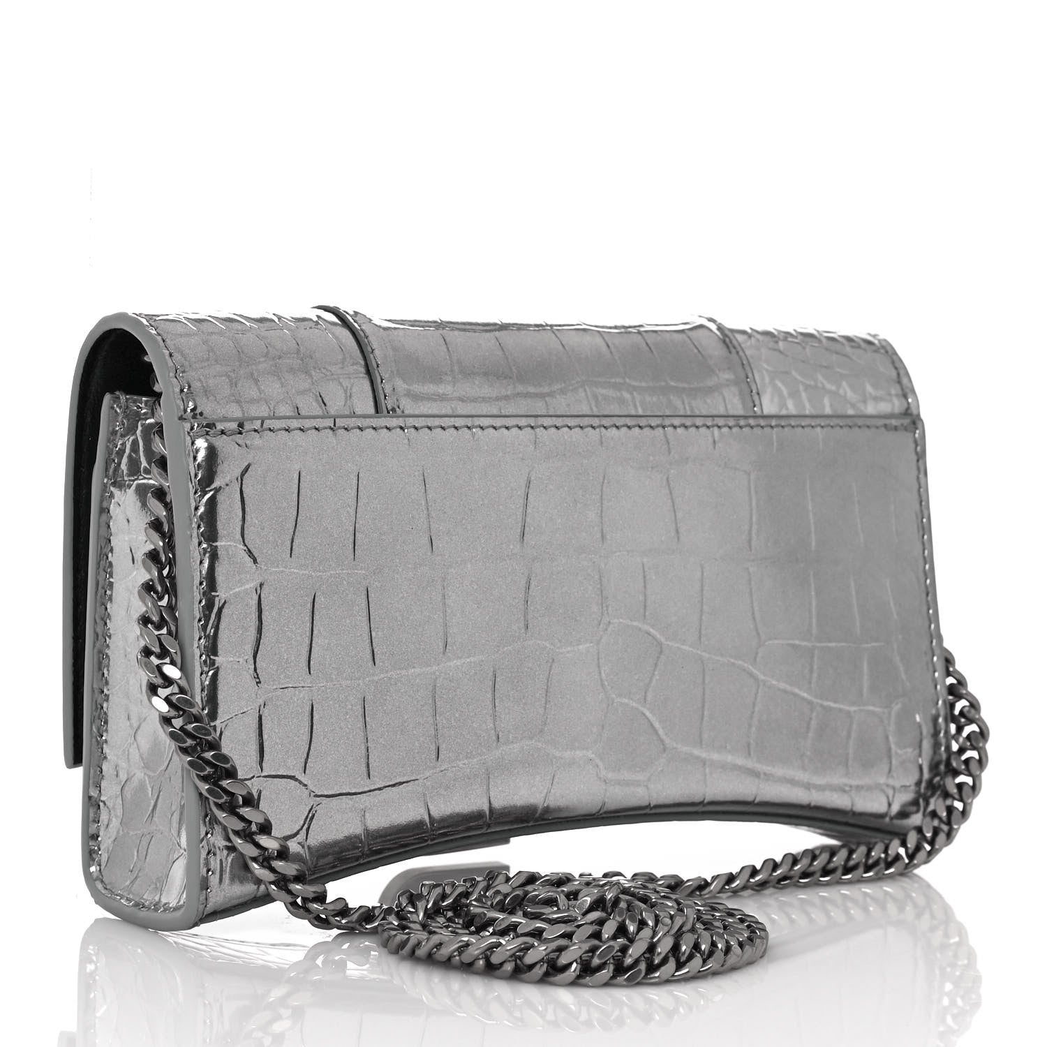 Balenciaga Metallic Calfskin Crocodile Embossed Hourglass Chain Bag Silver 3 of 13
