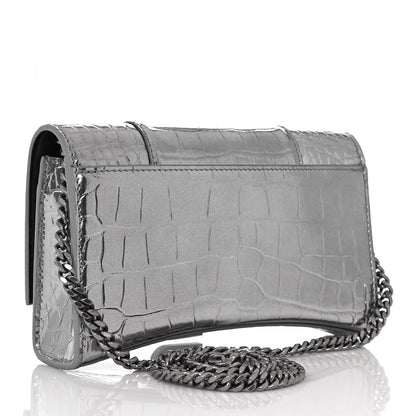 Balenciaga Metallic Calfskin Crocodile Embossed Hourglass Chain Bag Silver 3 of 13