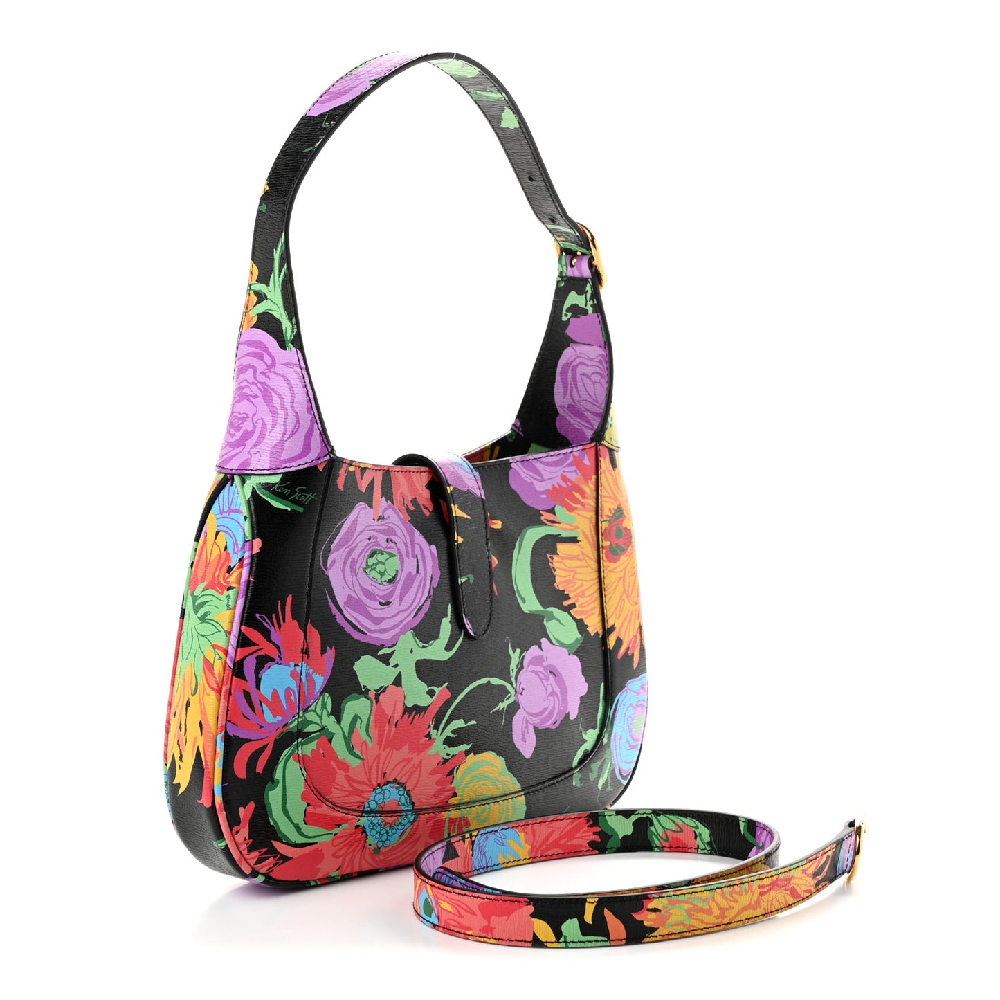 X KEN SCOTT New Shangai Calfskin Jenny Floral Print Small Jackie 1961 Hobo Black Pink