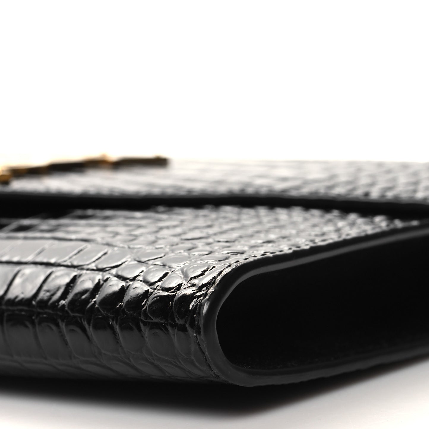 SAINT LAURENT Calfskin Crocodile Embossed Monogram Cassandre Flap Pouch Black