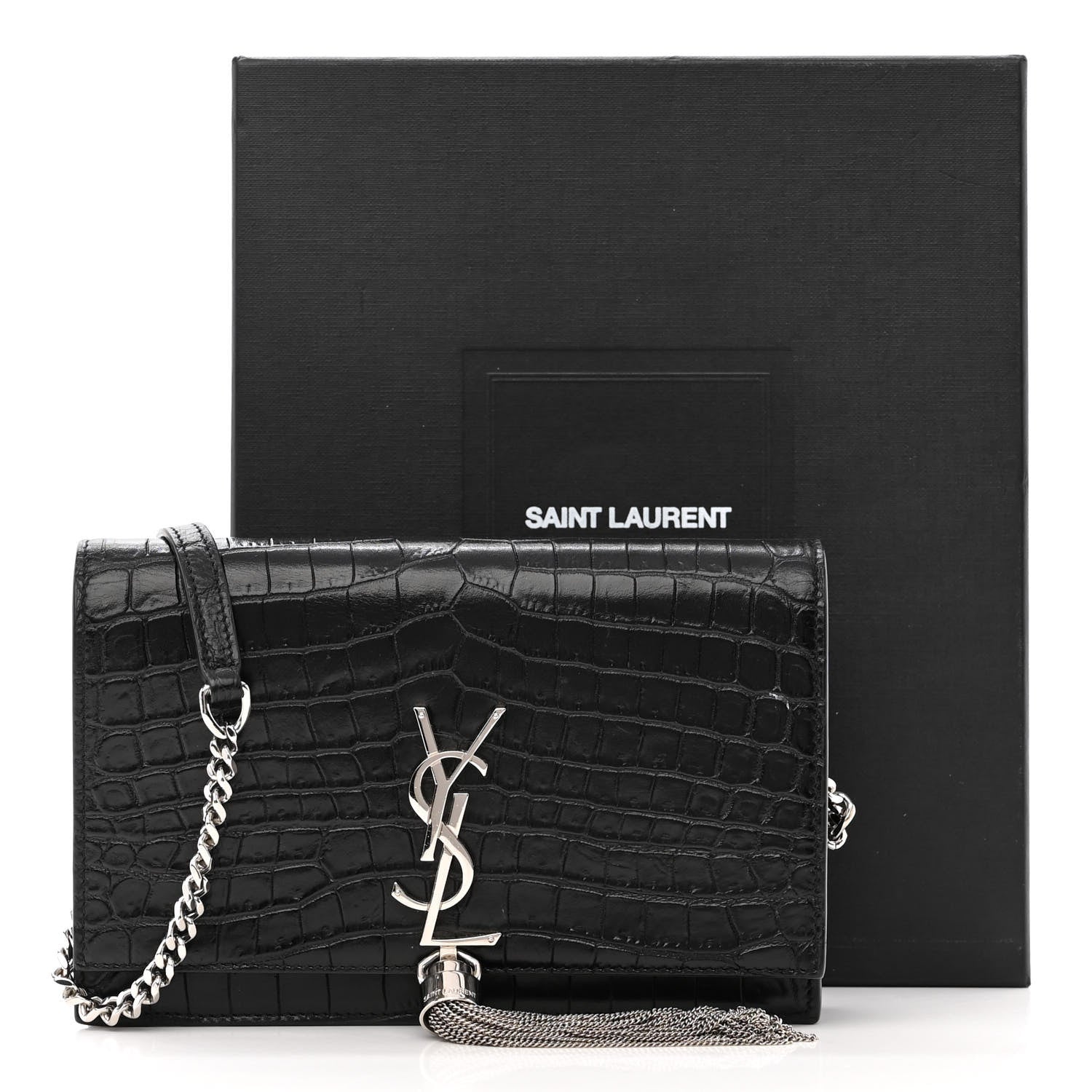 Saint Laurent Calfskin Crocodile Embossed Medium Classic Monogram Kate Tassel Satchel Black 11 of 11