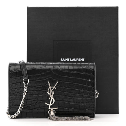 Saint Laurent Calfskin Crocodile Embossed Medium Classic Monogram Kate Tassel Satchel Black 11 of 11