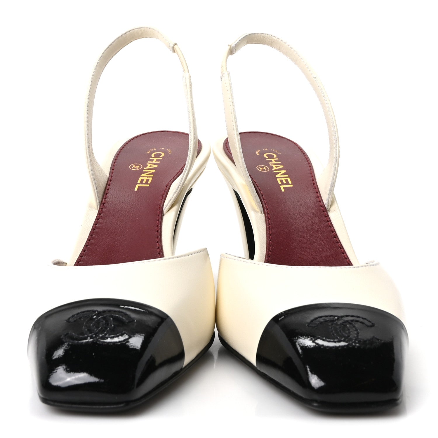 Chanel Lambskin Patent Calfskin Cap Toe CC Slingback Pumps 37.5 Ivory Black 3 of 10