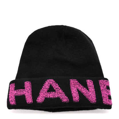 Chanel Cashmere Logo Beanie Hat Black Fuchsia 1 of 5